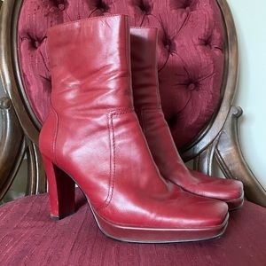 Red Leather Square Toe Heel Ankle Boots